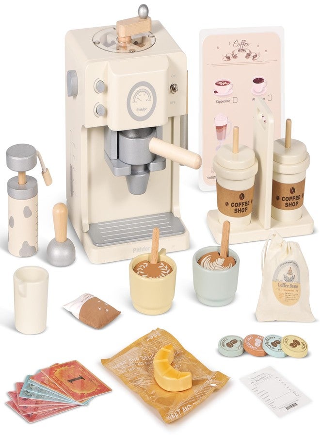 Pithfor Kids Wooden Coffee Playset with Grinder, Toy Coffee Maker for Kids Toddlers, Pretend Play Kitchen Appliances & Accessories Toy Gift for Boys Girls - Image 1